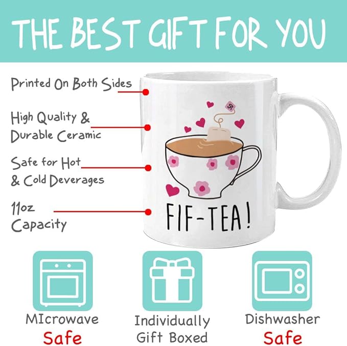 FIF-TEA 50th Birthday Mug Gifts for Women - Tea Lover Gift - Funny Bday Gift for Mom Dad Husband Wife Friend - 50 Year Old Funny 11OZ Tea Cup Coffee Mug, Mother's Day Gifts for Grandma