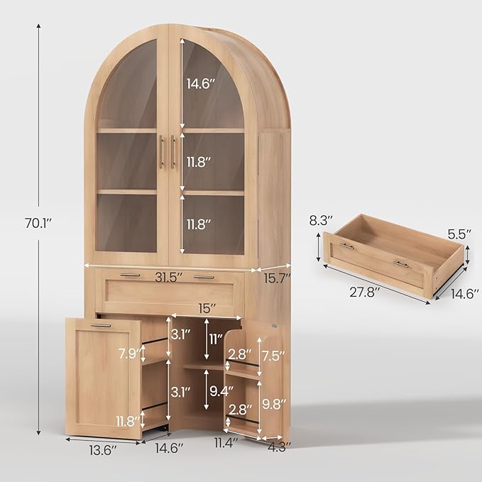 Itaar 71" Arched Kitchen Pantry Cabinet, Kitchen Storage Cabinets with 1 Large Drawer & Storage Cart 2 Tier & Door Shelves for Living Room, Dining Room, Natural