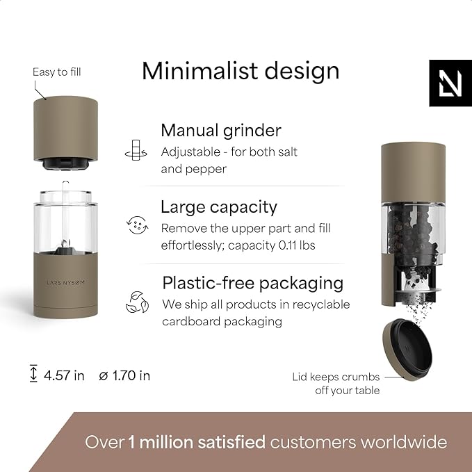 LARS NYS횠M Salt and Pepper Grinder Set, Manual Salt and Pepper Mills with Adjustable Ceramic Grinder, Design Spice Shaker Set (Taupe Brown)