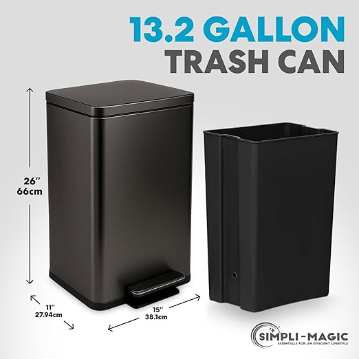 SIMPLI-Magic 13.2 Gallon (50L) Step Trash Can ??Kitchen Garbage Can with Slow-Close Lid ??Odor Control, Hands-Free, Easy to Clean, Brushed Stainless Steel