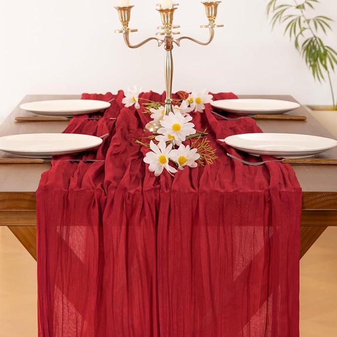 Socomi Red Cheesecloth Table Runner Valentine's Day Boho Rustic Gauze 120 inch 10FT Cheese Cloth Runner for Wedding Party Baby Shower Birthday Home Decor Holiday Decorations