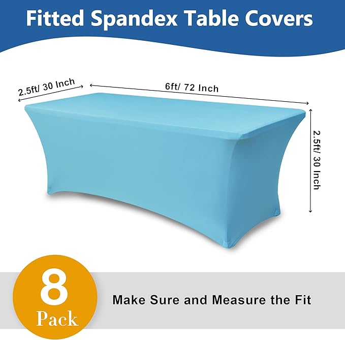 Enjoyidea Stretch Table Cover for 6 Foot Tables-8 Pack Light Blue Spandex Fitted Tablecloth-Elastic 6ft Folding Tablecloths for Party, Vendor Booth Display, Banquet Buffet Event, Craft Trade Show