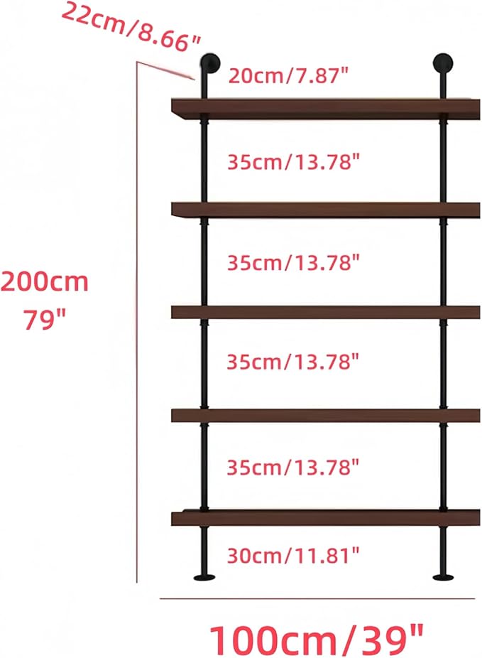 39 Inch Industrial Wall Mounted Wine Rack, 5-Tier Rustic Metal Floating Shelves, Large Capacity Wall Bar Shelves for Liquor Bottles for Home Bar & Dining Room, Walnut(Without Lights)
