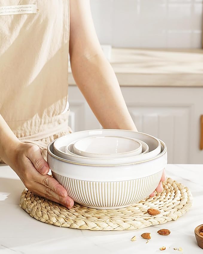 getstar Large Serving Bowls, Ceramic Salad Bowl Set of 4, Microwave and Dishwasher Safe, Farmhouse Kitchen Decorative Nesting Bowls Set (8"+7")