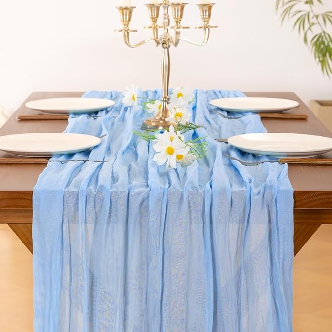 Socomi 10pcs Blue Valentine's Day Cheesecloth Table Runner Light Blue Boho Rustic Gauze 120 inch 10FT Cheese Cloth Runner for Wedding Party Baby Shower Birthday Home Decor Holiday Decorations