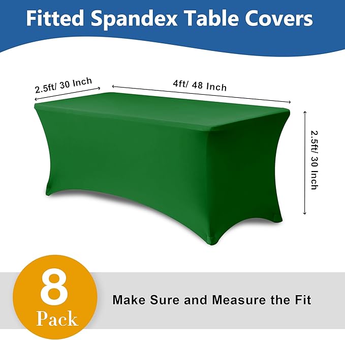 Enjoyidea Stretch Spandex Table Covers for 4 ft Tables-8 Pack Green Fitted Table Cloth for Rectangle Christmas Table Cloth for Party, Vendor Booth Display, Banquet Buffet Event, Craft Trade Show