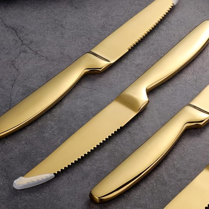 Gold Steak Knives Set of 6, Stainless Steel Serrated Kitchen Knife Set, Heavy Duty Dinner Knives for Cutting Meat, Beef, 8.6 Inch, Dishwasher Safe