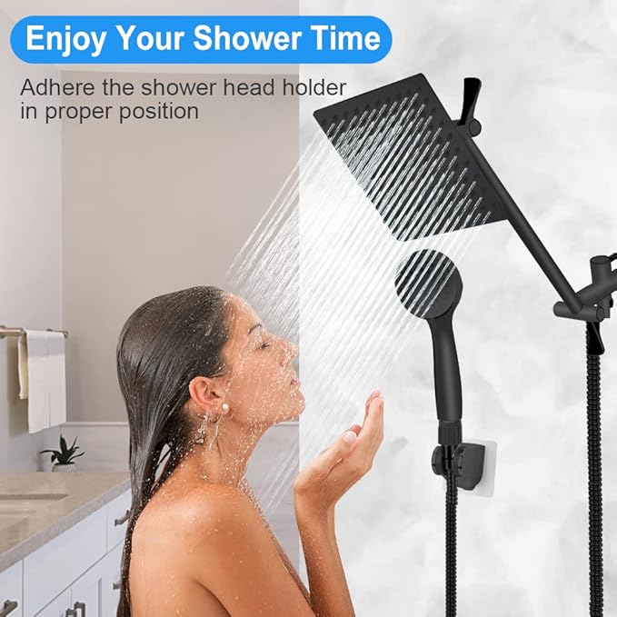 12'' High Pressure Rainfall Shower Head/Handheld Showerhead Combo with 11' Extension Arm, Anti-leak Shower Head with Holder/Hose, Flow Regulator - Matt Black