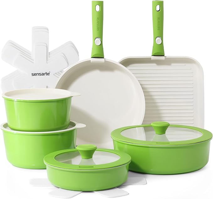 SENSARTE 17 Piece Ceramic Pots and Pans Set, Nonstick Detachable Handle Cookware, Induction Kitchen Cookware Set with Removable Handle, Dishwasher 竊?Oven Safe (Green)