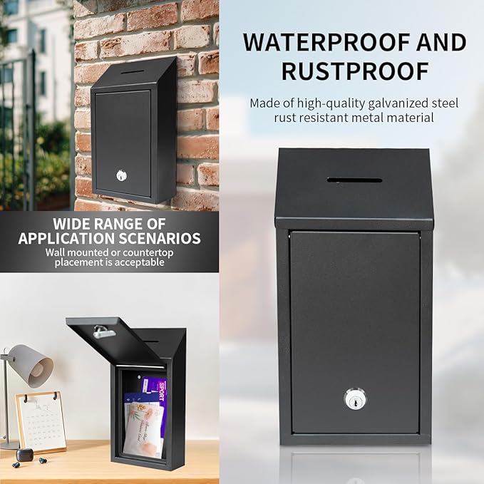 Metal Suggestion Box Cash Box Wall-Mounted & Tabletop With Lock slot for Fundraising Comment Voting Prayer Money Drop Donation for Home Office Outdoor 10.62횞5.51횞2.36"