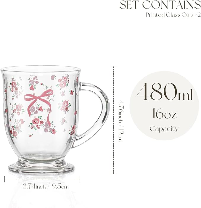 16oz Valentine's Coffee Mugs Set of 2 - Clear Flower Rose Bow Pattern Cups with Handle, Romantic Mug, Sweet Valentine's Gifts for Couple Drinking Glasses for Valentines Party- Dishwasher Safe