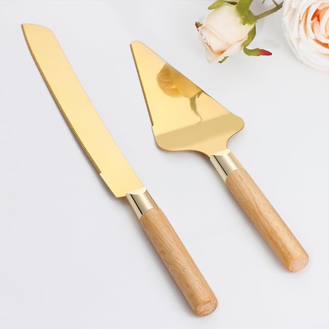 Gold Cake Cutting Set for Wedding, Wood Cake Knife and Server Set, Rustic 2-Piece Pie Cutter Serving Set, Serrated Dessert Utensils, Bridal Anniversary Quincea챰era Gift (Oak color)