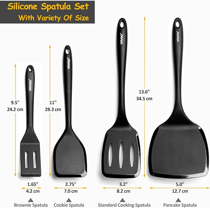 Silicone Spatula Set, 600째F Heat Resistant Silicone Spatula Turner Flipper for Cooking, Non Stick and Non Scratch Kitchen Utensils for Eggs & Pancakes, 4 Pack, Black
