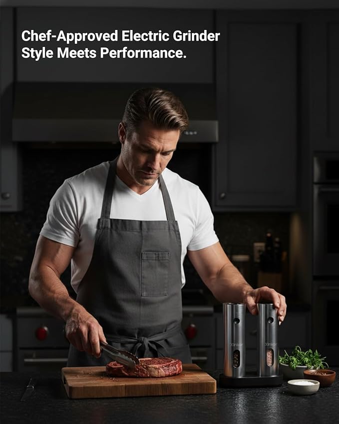 Electric Salt and Pepper Grinder Set with USB-C Rechargeable Base, Large Capacity Stainless Steel Mills with Durable Ceramic Burr, Adjustable Coarseness, LED Light, Refillable, for Kitchen BBQ