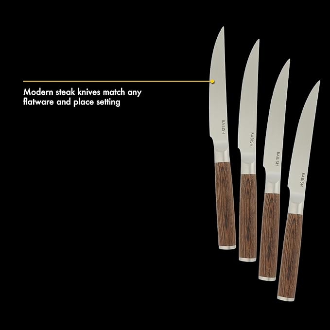 Babish 4-Piece 1.4116 German Stainless Steel Steak Knife Set with Dark Pakka Wood Handles ??Full-Tang Steak Knives for Dining, Entertaining & Everyday Table Use