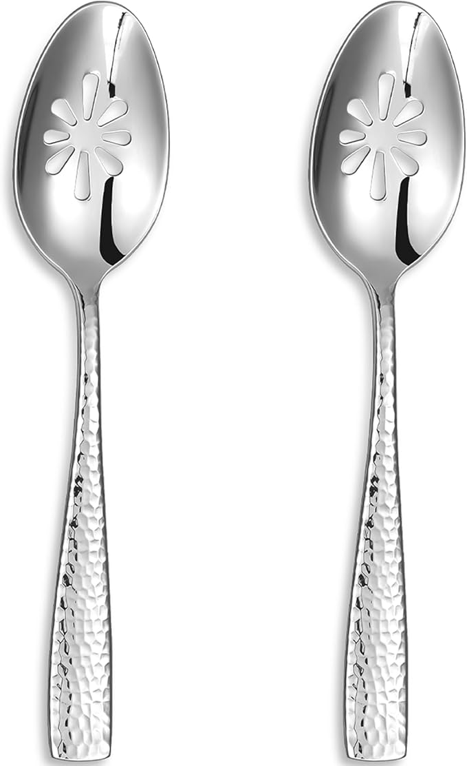 KEAWELL Premium Louis Hammered Serving Utensils, 18/10 Stainless Steel, Squared Edge Design, Mirror Finish, Dishwasher Safe (Slotted Spoons, Set of 2)