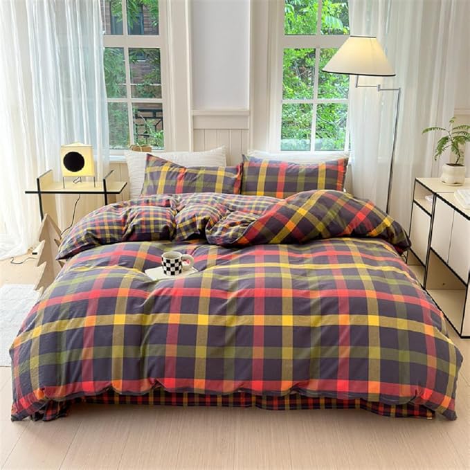 LifeTB Full Comforter Set Geometric Checkered Pattern Comforter Multicolor Grid Plaid Gingham Bedding Comforter Set Fluffy Soft Lightweight Bedding 3 Pieces Grid Bed Comforter with 2 Pillowcases