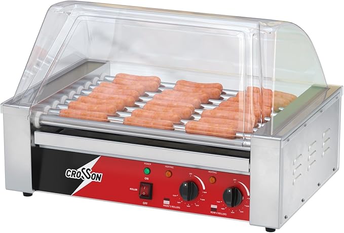 CROSSON Hot Dog 9 Roller Grill Cooker Machine with Transparent Sneeze Guard,9 Nonstick 304SS Rollers and Dual Temp Control,Commercial Hot Dog Cooker Machine-120V, 1350W