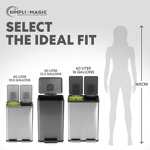SIMPLI-Magic 13.2 Gallon (50L) Step Trash Can ??Kitchen Garbage Can with Slow-Close Lid ??Odor Control, Hands-Free, Easy to Clean, Brushed Stainless Steel