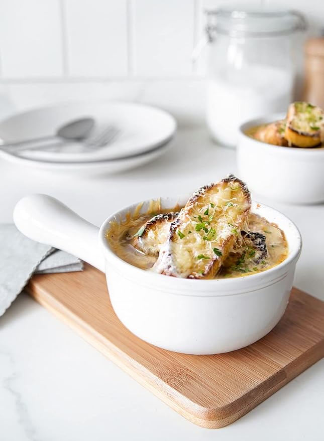 LE TAUCI Soup Bowls with Handle, 15 Oz Ceramic French Onion Soup Bowls, Large Soup Crocks Oven Safe for Stew, Onion, Soup, Chilli, Set of 4, White