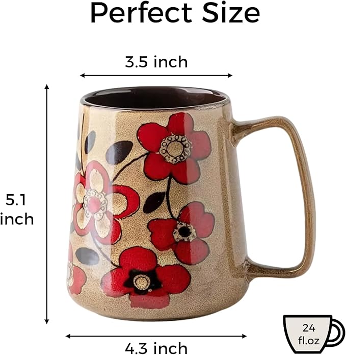 Extra Large Tall Coffee Mugs with Handle - Set of 2, 24 oz Ceramic, Dishwasher & Microwave Safe, Flower Design