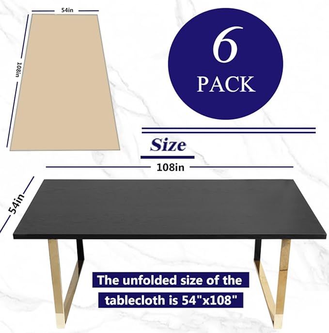 [6 Pack] Kraft Paper Tablecloth Disposable for Rectangle Tables, 54 X 108 Inch Party Table Cover with Plastic Backing, Waterproof 3 Ply Table Cloth for Wedding Valentine's Day BBQ Birthday