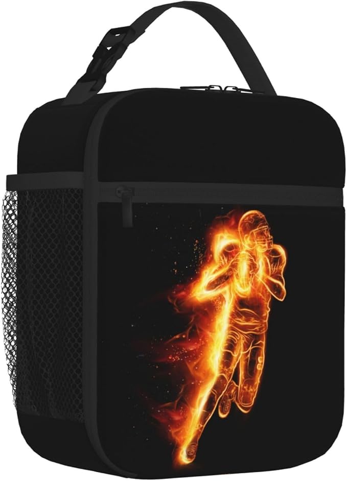 YIJIUWKIS Football Lunch Box for Kids Teens Boys Girls, Sports Insulated Lunch Bag Leakproof Portable Meal Bags with Side Pocket, Durable Reusable Tote Bag for Beach/Picnic/School/Work