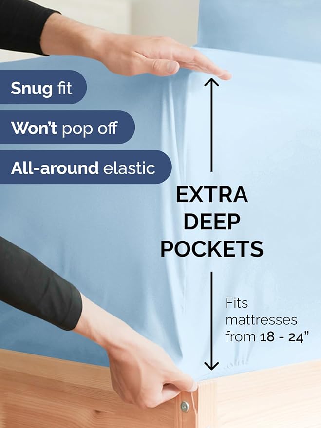 Extra Deep Pocket Full Sheets - 4 Piece Breathable & Cooling Bed Sheets - Hotel Luxury Bed Sheet Set - Soft, Wrinkle Free & Comfy - Easily Fits Extra Deep Mattresses - Deep Pocket Light Blue Sheets
