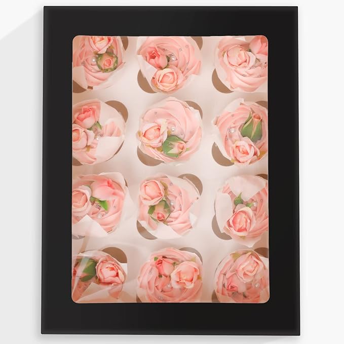qiqee Auto-pop Up Cupcake Boxes with Window Black 40PCS 12 Count Cupcake Box 13"x10"x3.5" Cupcakes Carrier, 12 Cupcake Containers with 2 rolls of pink ribbons