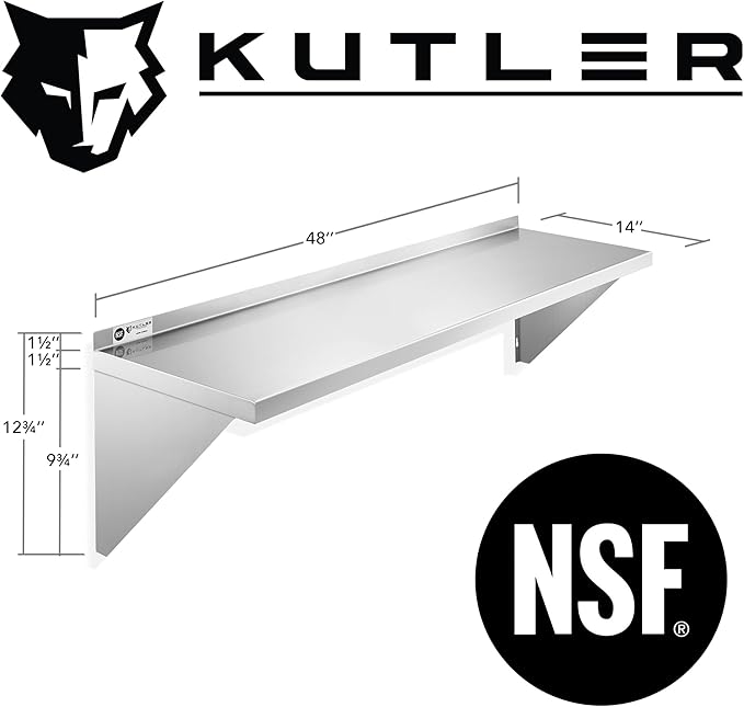 KUTLER Stainless Steel Shelf - 14" x 48", NSF Commercial Wall Mount Shelves with Backsplash, Floating Metal Shelving for Restaurant, Kitchen, Home