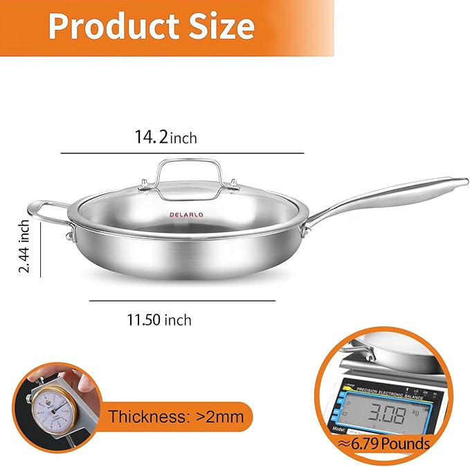DELARLO Stainless Steel Pan 14-Inch, Large Frying Pan with Lid, Heavy Duty, Compatible with Induction, Gas and Electric up to 650?? Fast & Even Heating, Durable, Dishwasher, Oven Safe Skillet