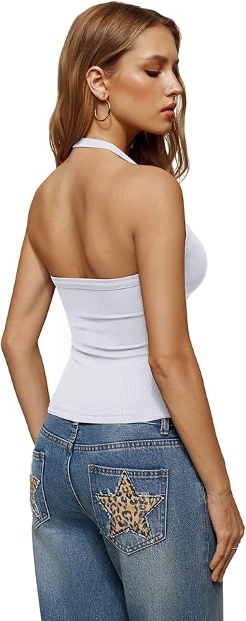 REORIA Womens Backless Halter Tank Top Sleeveless V Neck Fitted Camisole