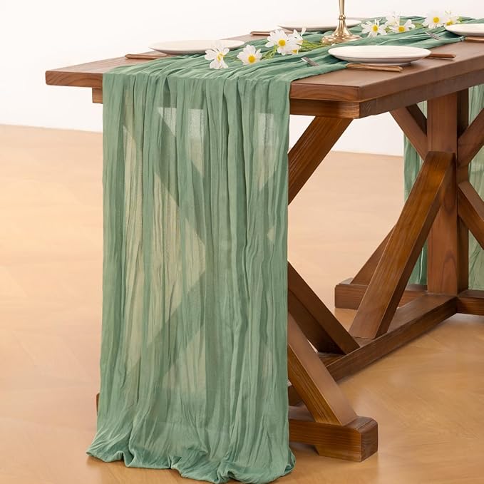 Socomi 10pcs Sage Green Cheesecloth Table Runner Valentine's Day Boho Rustic Gauze 120 inch 10FT Cheese Cloth Runner for Wedding Party Baby Shower Home Decor Holiday Decorations