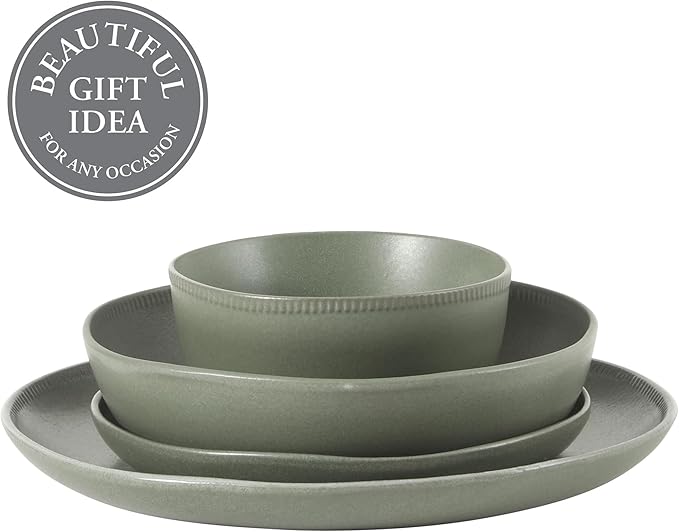 Gibson Elite Menlo Park 16-Piece Pottery Clay Stoneware Dinnerware Set ??Green Reactive Glaze, Organic Shape Embossed Plates and Bowls W/Pasta Bowl, Service for 4 ??Microwave & Dishwasher Safe