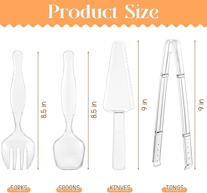 30 Pcs Disposable Plastic Serving Utensils Set Include 8.5'' Serving Spoons Forks 9'' Tongs and Knives for Birthday Party Buffet Dinner Food Salad Utensils Christmas (Clear)