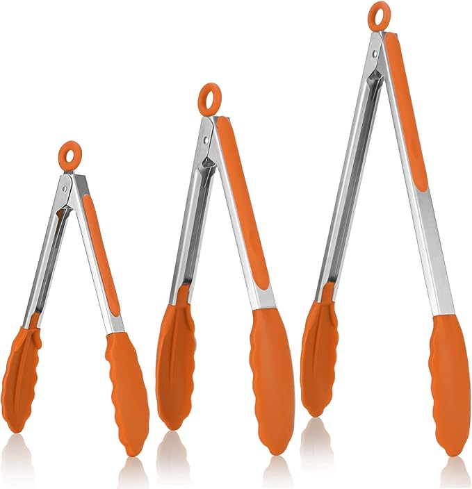 Kitchen Tongs, U-Taste 7/9/12 inches Cooking Tongs, with 600쨘F High Heat-Resistant Non-Stick Silicone Tips, 18/8 Stainless Steel Handle, for Food Grill, Salad, BBQ, Frying, Serving, Pack of 3(Orange)