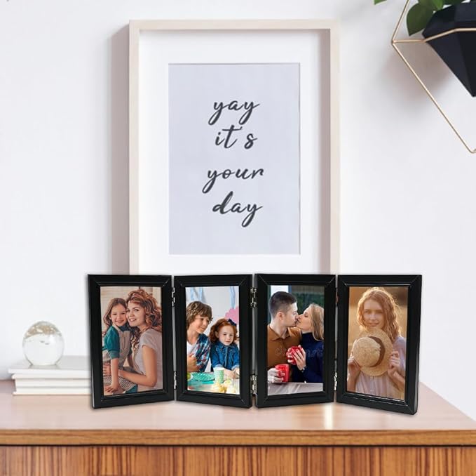 POILKMNI 4 Folding 5x7 Inch Hinged Picture Frame High Definition Natural Wood Picture Frame Rustic Desktop Acrylic Frame Family Photo Collage for Birthday Father's Day Christmas Family Lover Gift