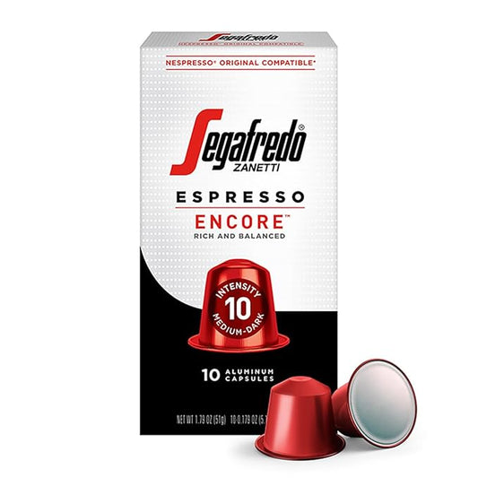 Segafredo Zanetti Espresso Capsules ??Aluminum Pods for Nespresso Original Machines ??Medium-Dark Roast Premium Espresso with a Rich Aroma ??Balanced, Intensity 10 ??Encore, 10 Count