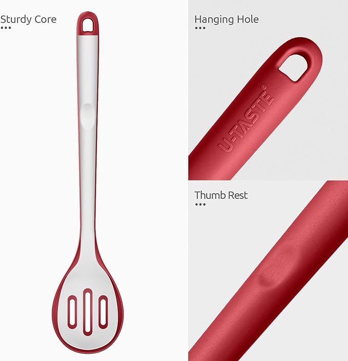 600쨘F Heat Resistant Slotted Spoon: U-Taste 13.3in Solid Kitchen Cooking Spoon, Nonstick Food Grade Large & Long Rubber Utensil for Mixing, Serving, Stirring, Basting, Frying, Draining (Red)