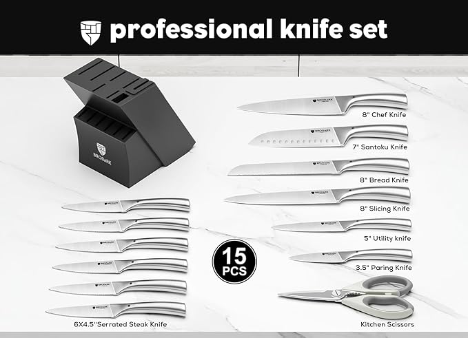 BRODARK Knife Block Set: Kitchen Knives Set with Block and Sharpener, 15 Pcs Ultra Sharp Chef knife, High Carbon Stainless Steel, Ergonomic Handle Non-Slip Grip, Silver Wolf Series with Gift Box