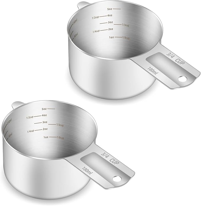 BERYLER 2PCS 3/4Cup (180ml, 6oz) Single Measuring Cup, Etched Inner Scale Stainless Steel Measure Scoop, Metric and US Measurement, Dishwasher Safe