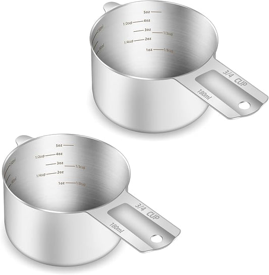 BERYLER 2PCS 3/4Cup (180ml, 6oz) Single Measuring Cup, Etched Inner Scale Stainless Steel Measure Scoop, Metric and US Measurement, Dishwasher Safe