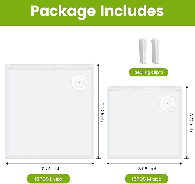 FEPPO Vacuum Sealer Bags for Food,15 PCS 8.3"횞8.7" & 15 PCS 10.2"횞11" Reusable Vacuum Seal Bags with Air Valve for Food Storage, Ideal for Freshness Preservation