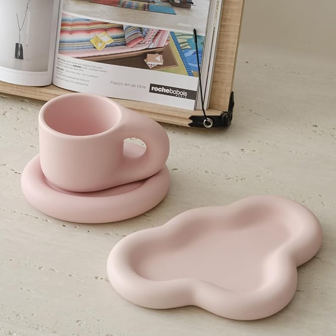 WENSHUO Chubby Funny Coffee Mug, Novelty Cute Cup and Saucer, Matte Cr챔me, 9 oz (Matte Soft Pink)