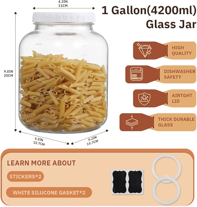 2 Pack 1 Gallon Clear Glass Jars with Airtight Screw Lid Wide Mouth Mason Jars Empty Food Containers with Airtight Plastic Screw Lid for Sauerkraut and Cookies