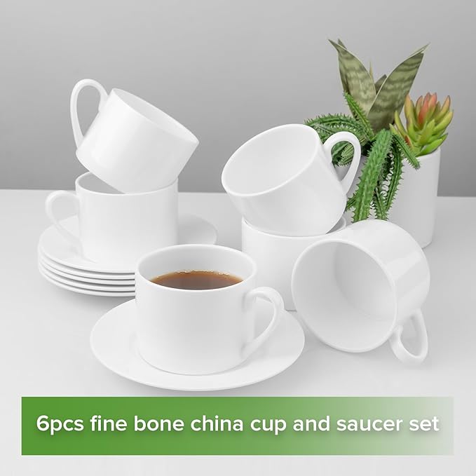 Fine Bone China Tea Cup and Saucer Set of 6, 9oz for Latte, Americano and Tea, Pure Milk White Color With Fine Glaze Easy to Clean, Thin and Lightweight Comfortable to Hold, Microwave Dishwasher Safe