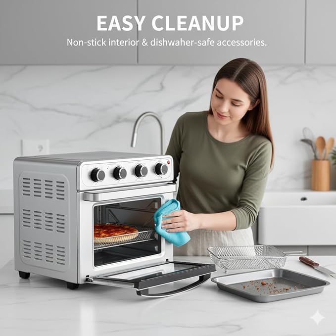 HealSmart 4-in-1 Air Fryer Toaster Oven Combo, 26QT Large Countertop Convection Oven with Bake, Broil, Roast & Dehydrate, Includes 12" Pizza Pan & Fry Basket, Stainless Steel, Energy-Efficient