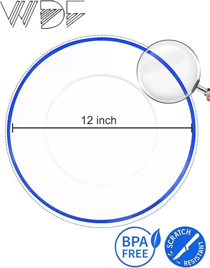 WDF 12 Inch Disposable Charger Plates - 25Pack Plastic Clear and Blue Charge Plates Perfect for Dinner/Wedding/Party/Elegant Tabletop Decor