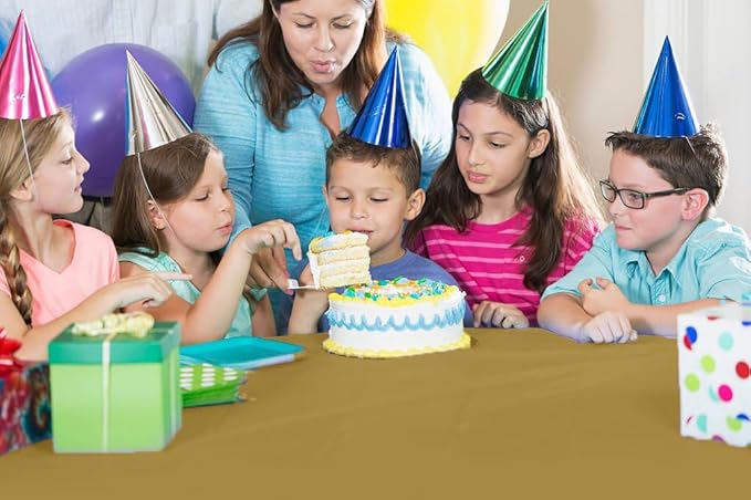 Party Solids 54 Inch X 100 Feet Gold Plastic Table Cover Roll in A Cut - to - Size Box with Convenient Slide Cutter. Cuts Up to 12 Rectangle 8 Feet Plastic Disposable Tablecloths