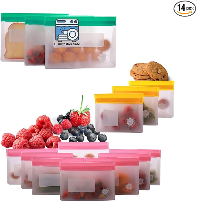 Reusable Food Storage Bags ??14-Pack Stand-Up, BPA-Free, Freezer, Dishwasher Safe & Eco-Friendly ??3 L, 8 M, 3 S Bags ??Airtight Leakproof, Sandwich, Snack, and Meal Prep Baggies (Multicolor)
